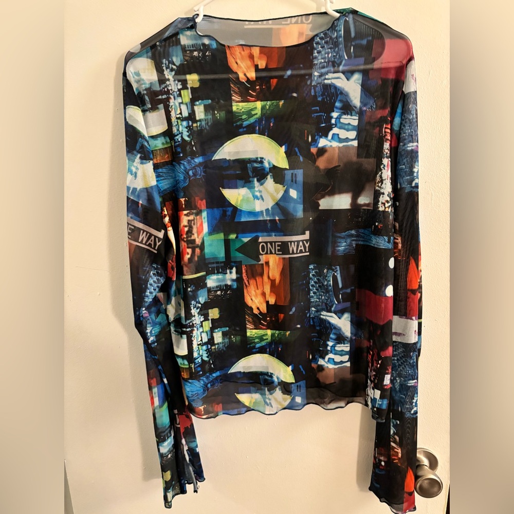 SHEIN 4X Multicolor Graphic Mesh Long Sleeve Blouse